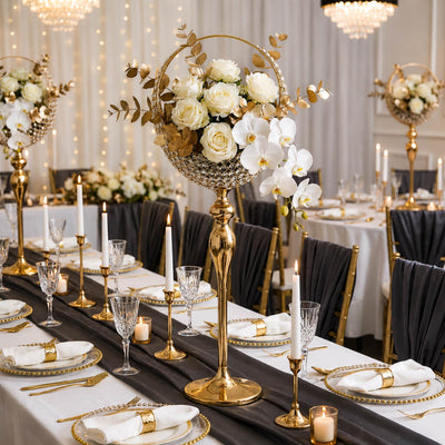 3ft gold metal candle holder stand with crystal beaded basket in a wedding reception centerpiece setup - thumbnail number 5
