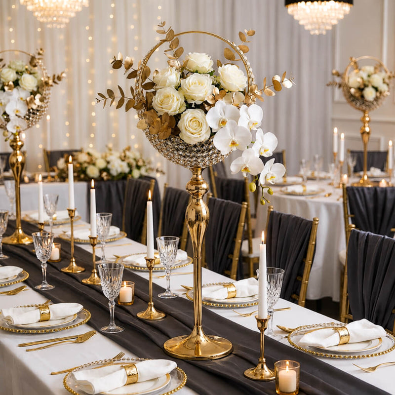 3ft gold metal candle holder stand with crystal beaded basket in a wedding reception centerpiece setup - thumbnail number 5
