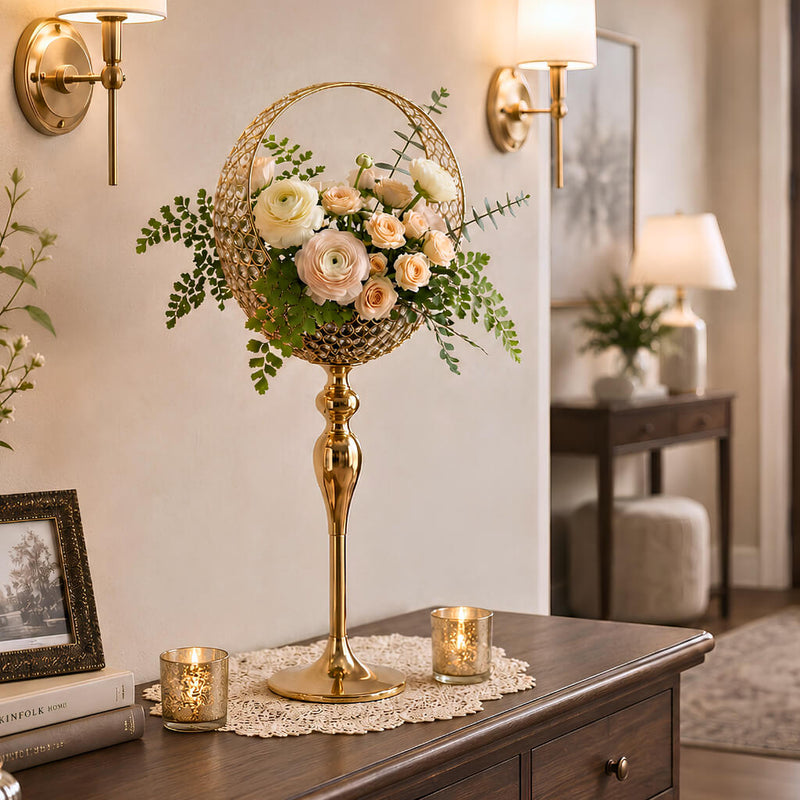 3ft gold metal stand with crystal basket holding flowers on a wooden dresser - thumbnail number 6