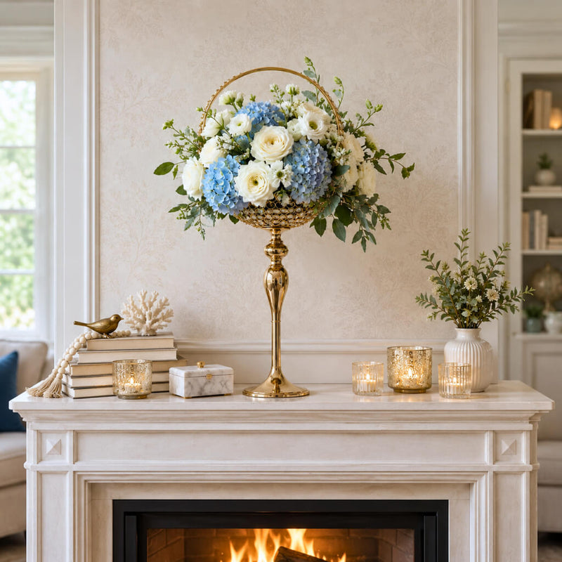 Gold metal candle holder stand with crystal basket design on a mantel - thumbnail number 7