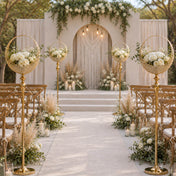 Gold metal candle holder stands lining a wedding ceremony aisle - thumbnail number 3