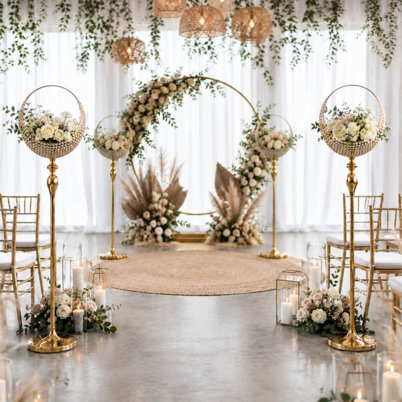 Gold metal candle holder stands set up as wedding decor in an aisle - thumbnail number 6
