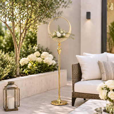 Gold metal candle holder stand with crystal beaded half moon basket on a patio - thumbnail number 8