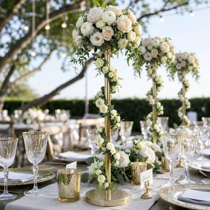 Gold metal stands wrapped in greenery with white floral arrangements lining an outdoor table setup - thumbnail number 6