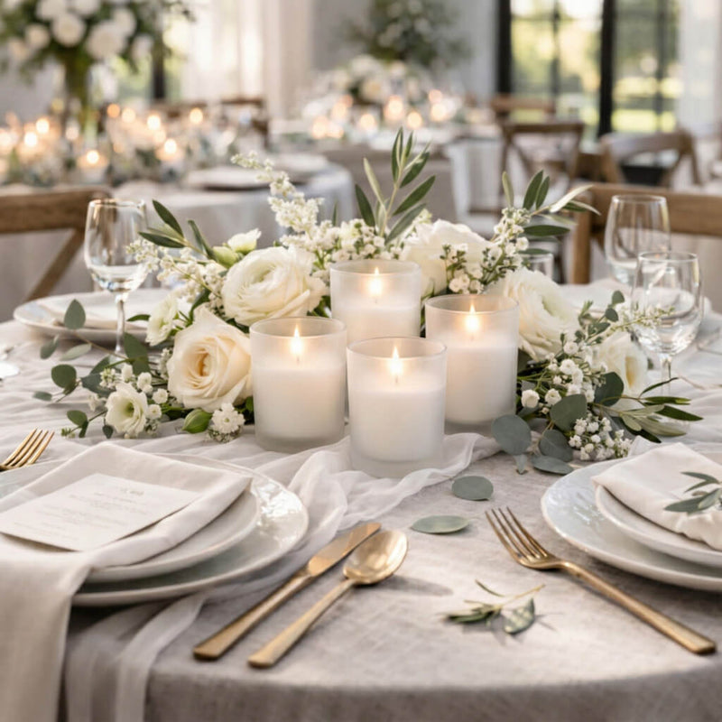 Four frosted votive holders with white unscented candles at a garden gala event tablescape - thumbnail number 5