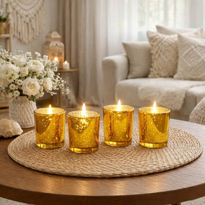 Four gold mercury votive holders with lit candles on a woven placemat in a cozy living room - thumbnail number 8