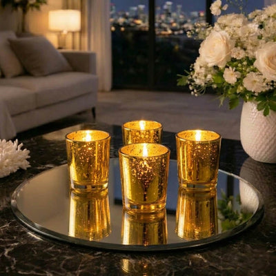 Four Gold Mercury Votive Holders on a mirrored tray with a city skyline view - thumbnail number 7