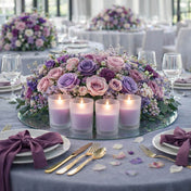 Four lit lavender candles in Frosted Votive Holders on a wedding table with purple roses - thumbnail number 6