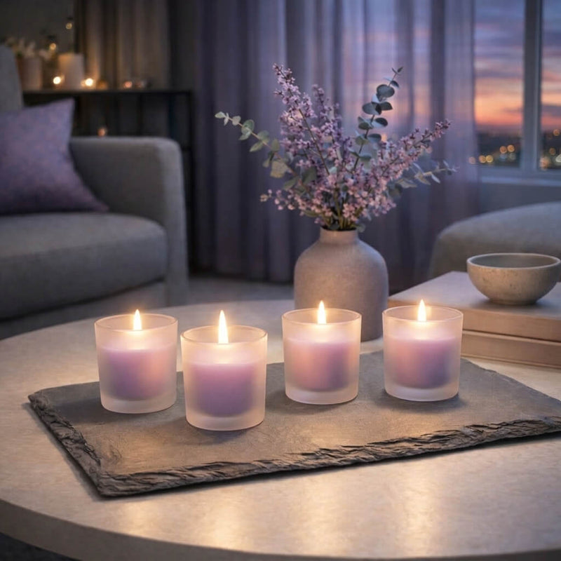 Four purple candles in Frosted Votive Holders on a dark slate tray at sunset - thumbnail number 9