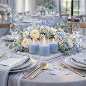 Frosted Votive Holders with lit blue candles as part of an elegant centerpiece - thumbnail number 7