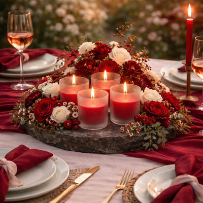 Red candles and roses arranged on a stone platter for a romantic dinner setting - thumbnail number 4