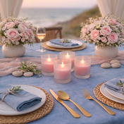Pink candles in frosted glass with flowers on a coastal table - thumbnail number 9