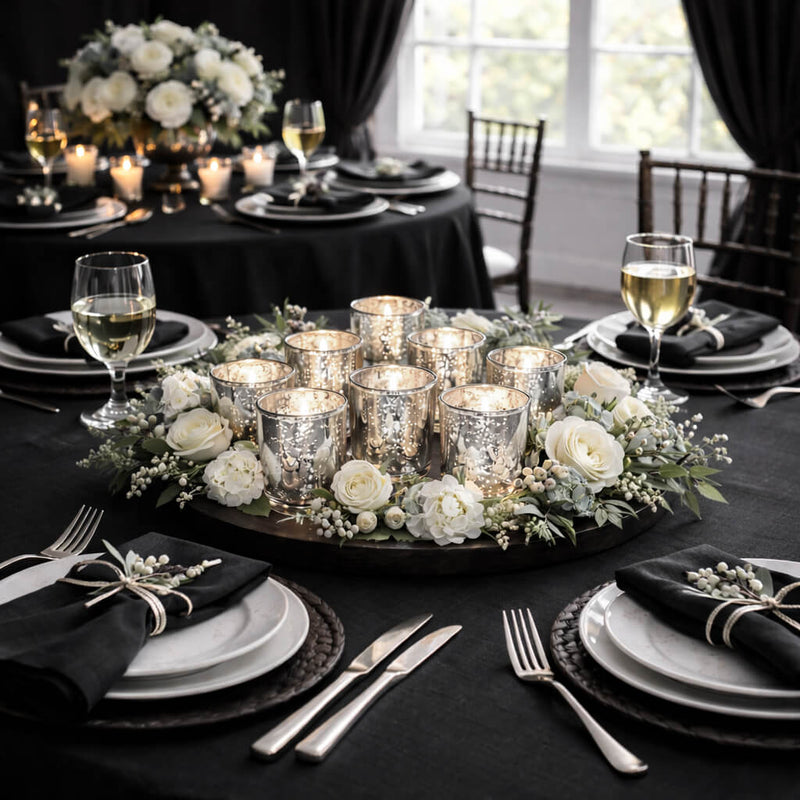 A lavish dark tablescape showcasing an array of Metallic Silver Mercury Votive Holder cups - thumbnail number 5