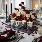 A luxury event tablescape featuring a set of Metallic Silver Mercury Votive Holder cups and roses - thumbnail number 6