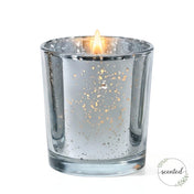 Silver mercury glass votive candle holder with glowing flame on white background - thumbnail number 2