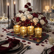 Gold mercury glass votive candles with red and white floral romantic table centerpiece - thumbnail number 5