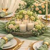 Four lit vanilla scented candles in Frosted Votive Holders on a garden gala floral tablescape - thumbnail number 6