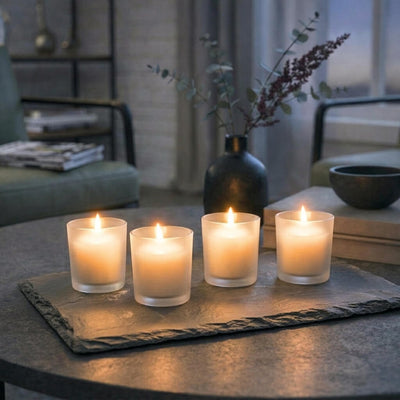 Four ivory candles in Frosted Votive Holders on a dark slate tray - thumbnail number 9