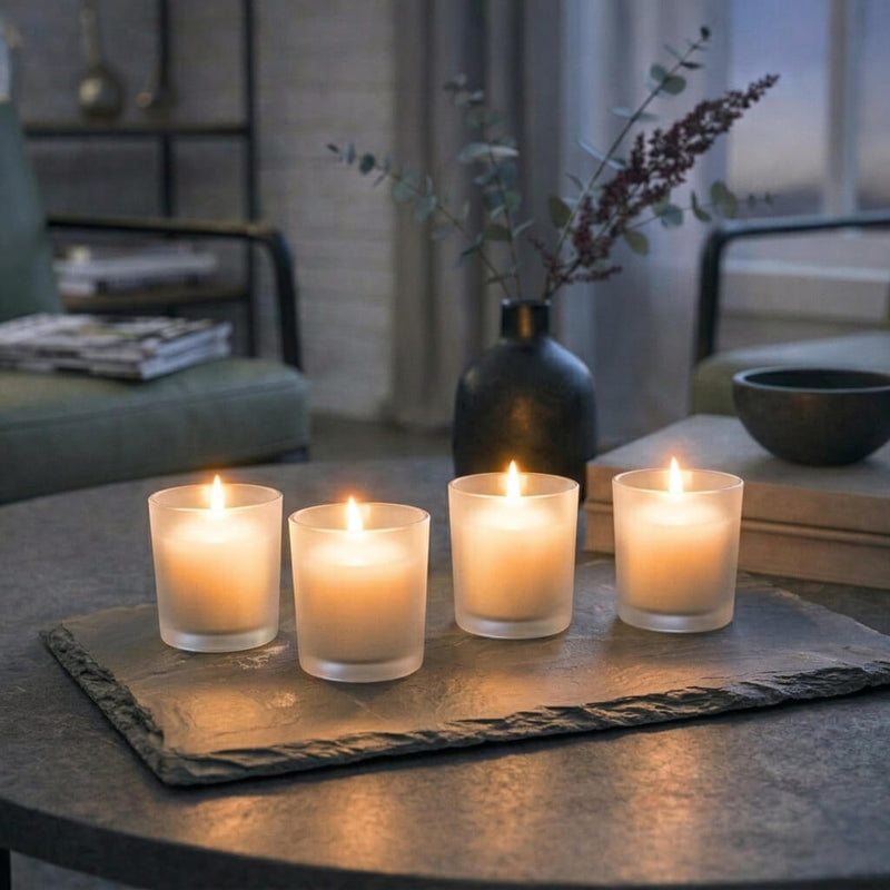 Four ivory candles in Frosted Votive Holders on a dark slate tray - thumbnail number 9