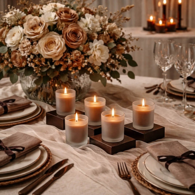 Frosted Votive Holders with lit brown candles on an elegant wedding dinner tablescape theme - thumbnail number 5
