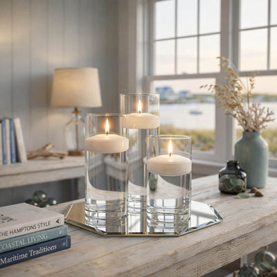 Eastland Octagon Mirror and Cylinder Vase Centerpiece with Richland 3" Floating Candles Set of 84 - White - 8 Inch Size - thumbnail number 7
