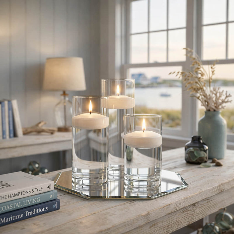 Eastland Octagon Mirror and Cylinder Vase Centerpiece with Richland 3" Floating Candles Set of 84 - White - 8 Inch Size - thumbnail number 7