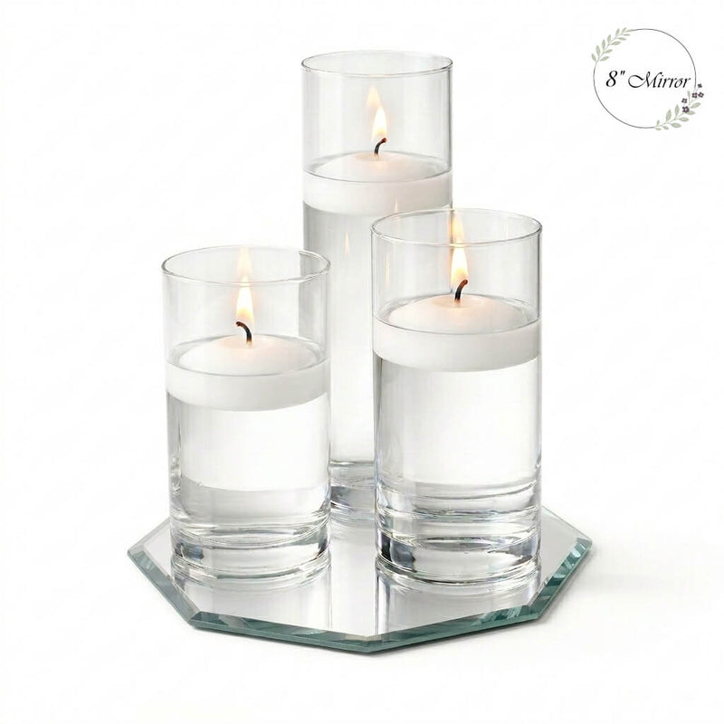Eastland Octagon Mirror and Cylinder Vase Centerpiece with Richland 3" Floating Candles Set of 84 - White - 8 Inch Size - thumbnail number 2