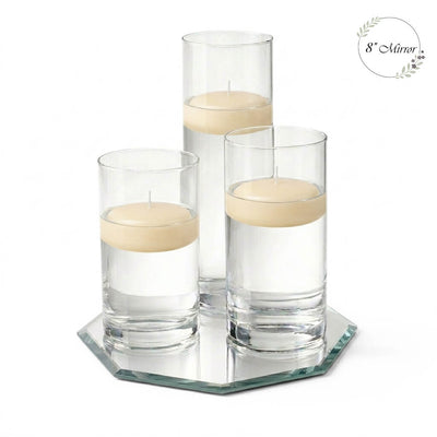 Eastland Octagon Mirror and Cylinder Vase Centerpiece with Richland 3" Floating Candles Set of 84 - Ivory - 8 Inch Size