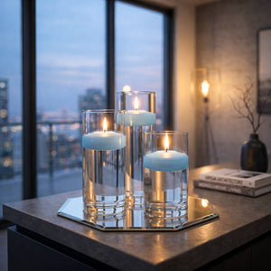 Eastland Round Mirror and Cylinder Vase Centerpiece with Richland 3" Floating Candles Set of 7