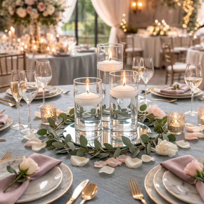 Eastland Round Mirror and Cylinder Vase Centerpiece with Richland 3" Floating Candles Set of 84 - White - 8 Inch Size - thumbnail number 3