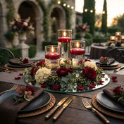 Table centerpiece featuring three red floating candles on a round mirror tray - thumbnail number 6
