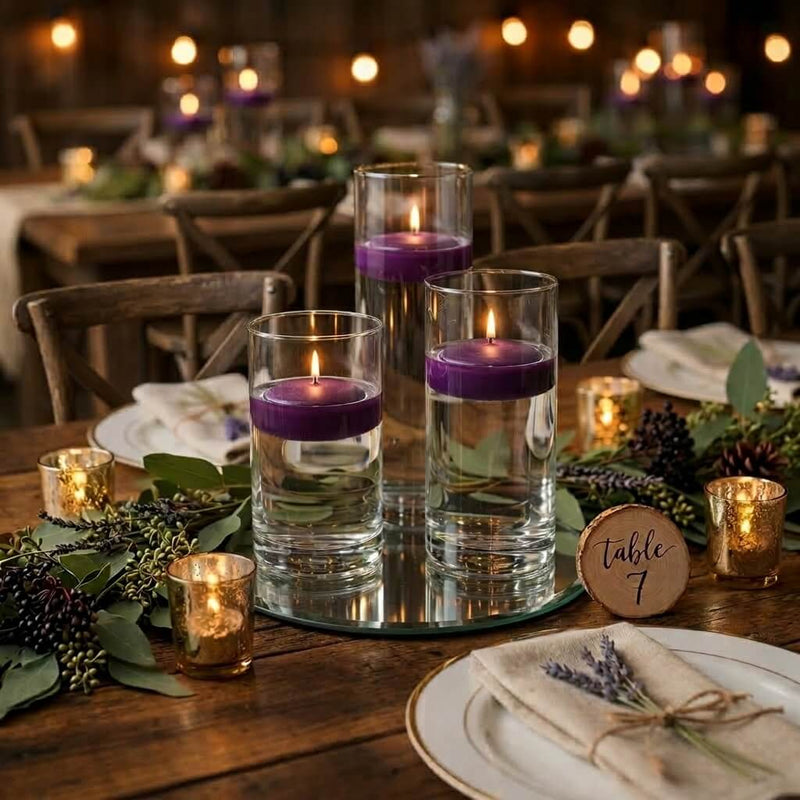 Three purple floating candles in glass cylinders on a round mirror with greenery - thumbnail number 6