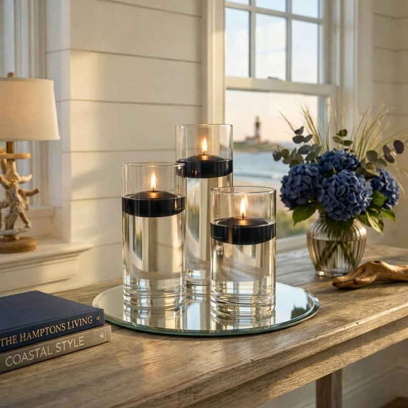 Eastland Round Mirror and Cylinder Vase Centerpiece with Richland 3" Floating Candles Set of 84 - Black - 8 Inch Size - thumbnail number 7
