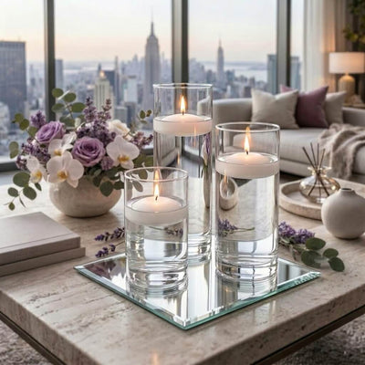 Eastland Square Mirror and Cylinder Vase Centerpiece with Richland 3" Floating Candles Set of 7 - White - 8 Inch Size - thumbnail number 7