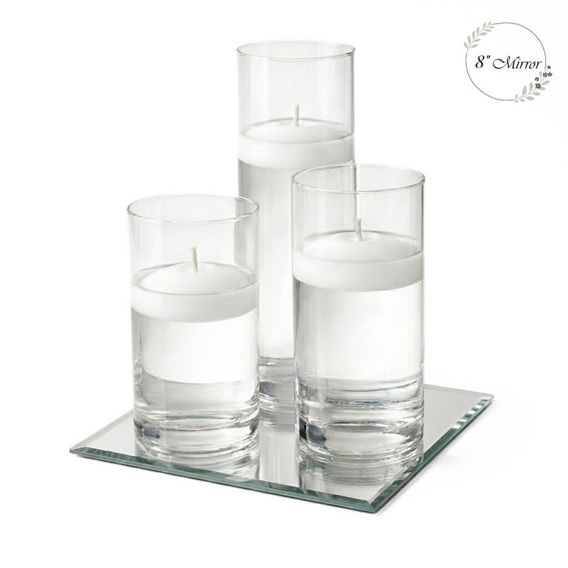 Eastland Square Mirror and Cylinder Vase Centerpiece with Richland 3" Floating Candles Set of 7 - White - 8 Inch Size - thumbnail number 1