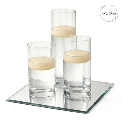 Eastland Square Mirror and Cylinder Vase Centerpiece with Richland 3" Floating Candles Set of 7 - Ivory - 10 Inch Size