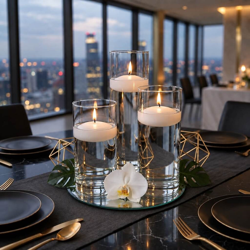 Lit floating candles in glass cylinders on a mirror tray on a dinner table with a city view - thumbnail number 6