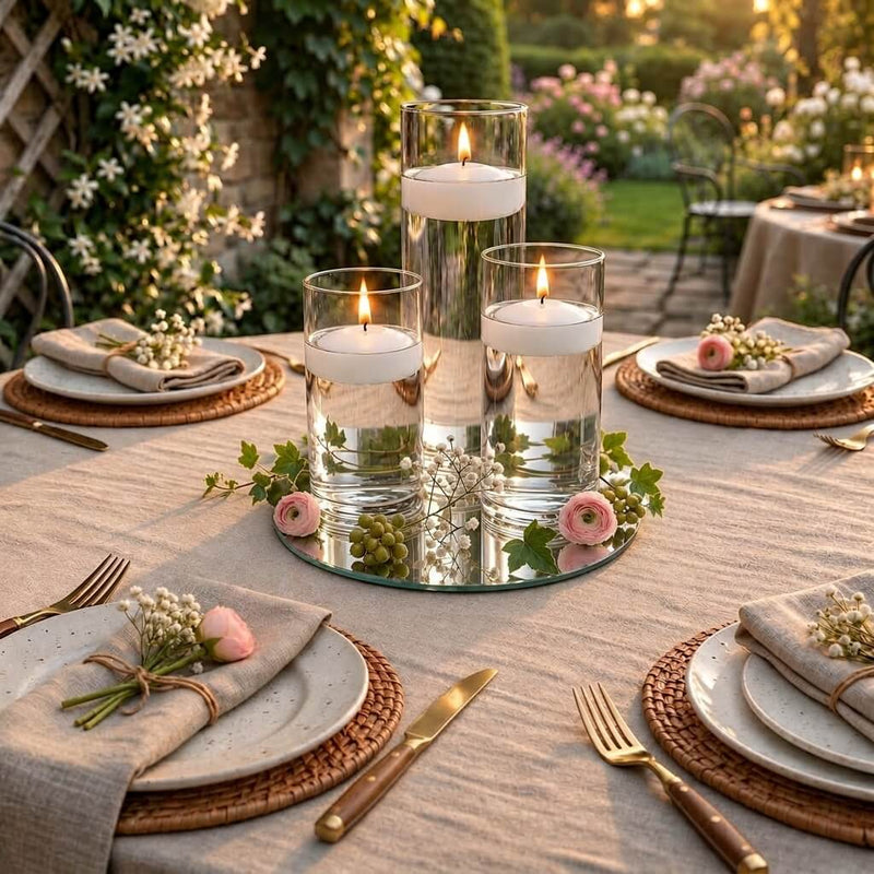 Lit floating candles in glass cylinders on a round mirror tray with floral garden decor - thumbnail number 7