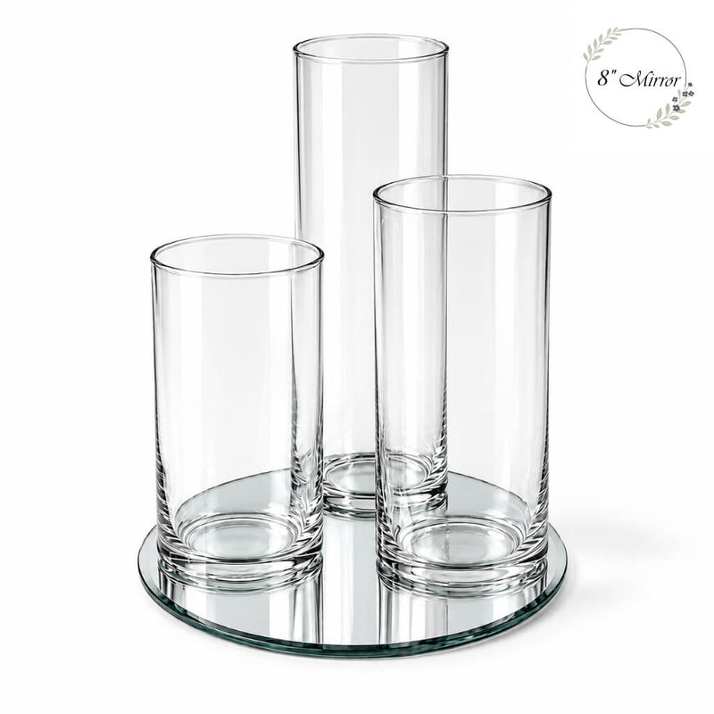 Three empty glass cylinder vases arranged on an eight-inch round mirror tray - thumbnail number 1