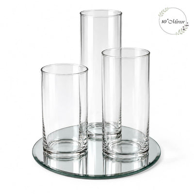 Three empty glass cylinder vases arranged on a ten-inch round mirror tray - thumbnail number 1