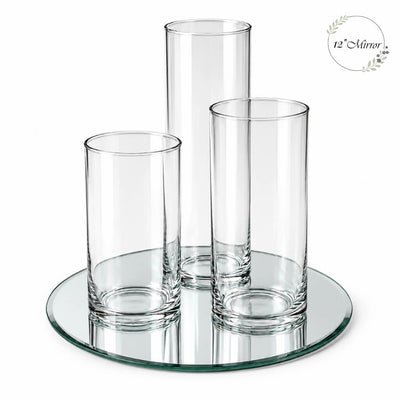 Three empty glass cylinder vases arranged on a round mirror tray - thumbnail number 1