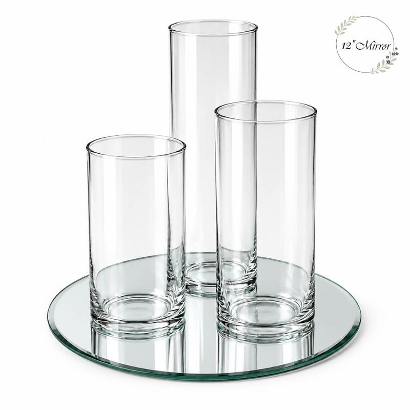 Three empty glass cylinder vases arranged on a round mirror tray - thumbnail number 1