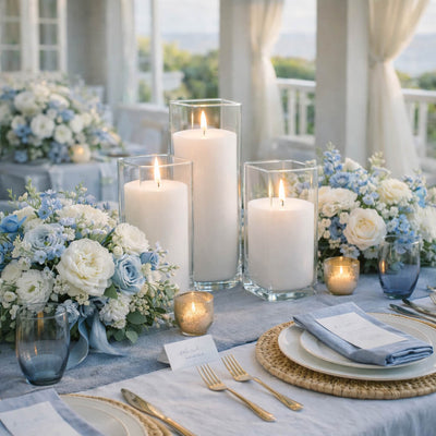 Richland Pillar Candle 9" & Eastland Square Holder 12" Set of 12 - White - thumbnail number 3