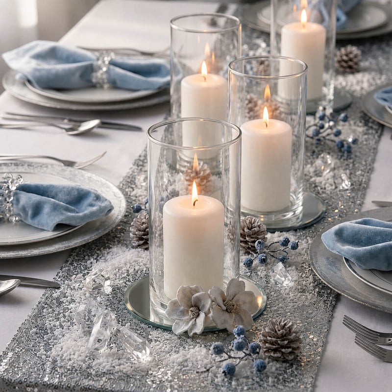 5" Round Mirror Coaster with lit candles in glass cylinder vases on a winter tablescape - thumbnail number 6
