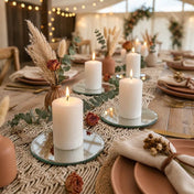 5" Round Mirror Coaster with lit pillar candles on a rustic boho tablescape - thumbnail number 7