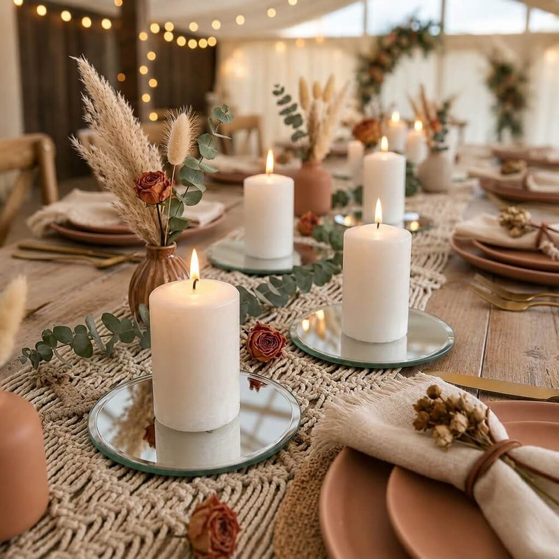 5" Round Mirror Coaster with lit pillar candles on a rustic boho tablescape - thumbnail number 7