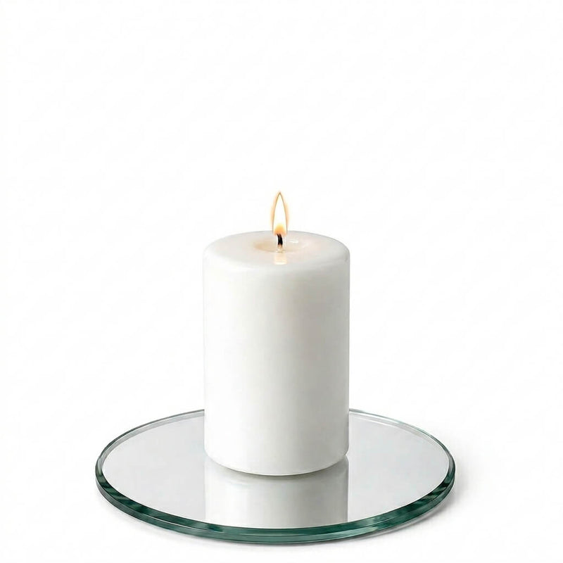 A 5" Round Mirror Coaster holding a lit white pillar candle isolated on a white background - thumbnail number 3