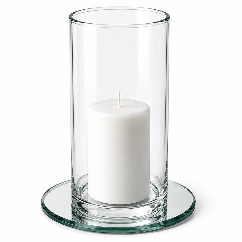 5" Round Mirror Coaster with a white pillar candle in a glass cylinder vase - thumbnail number 4