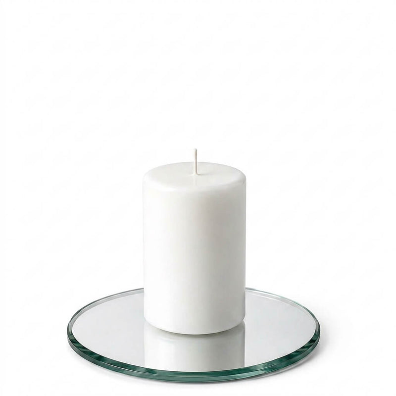 5" Round Mirror Coaster with a white pillar candle on a white background - thumbnail number 2