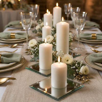 5" Square Mirror Coasters holding lit white pillar candles on a rustic event tablescape - thumbnail number 5